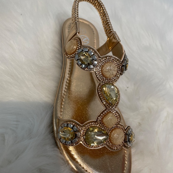 Rhinestone Sandals T-Strap Buckle Bohemian Pearl Crystal Flat Sandals 5905 - Picture 4 of 6